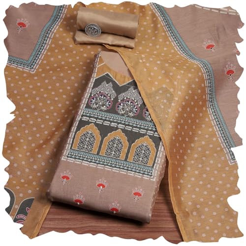 Biba Women Brown Chanderi Blend Printed Embroidered Unstitched Suit Set_FREE SIZE
