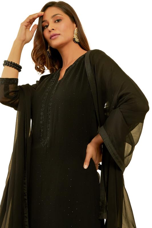 Soch Womens Black Embellished Georgette Suit Set with Dupatta