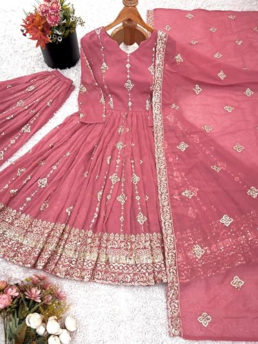 Designer Heavy Crunchy Silk Anarkali Dress for Women | Fully Flared Embroidered Gown with Dupatta | Wedding (in, Alpha, L, Regular, Standard, Peach)