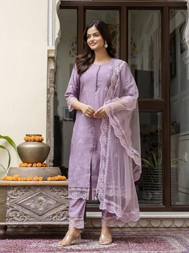 TRENDMALLS Women's Art Silk Embroidery A line Kurta Pant with Dupatta Salwar Suit Set (G278-Purple-XXL-)