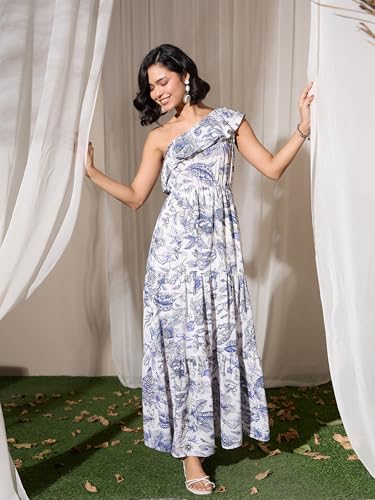 barcino Blue Floral Print One Shoulder Maxi Dress