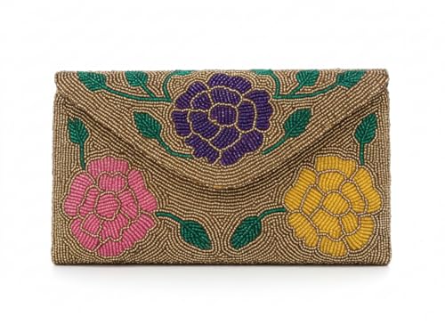 OLL OO LA LA BEAUTY Beaded Clutch Bag for Women | Floral Zardozi Style Purse | Sling Bag | Wedding Clutch | Party, Wedding, Bridal, & Festive Accessory (Brown/Gold with Multi-Colour Flowers)