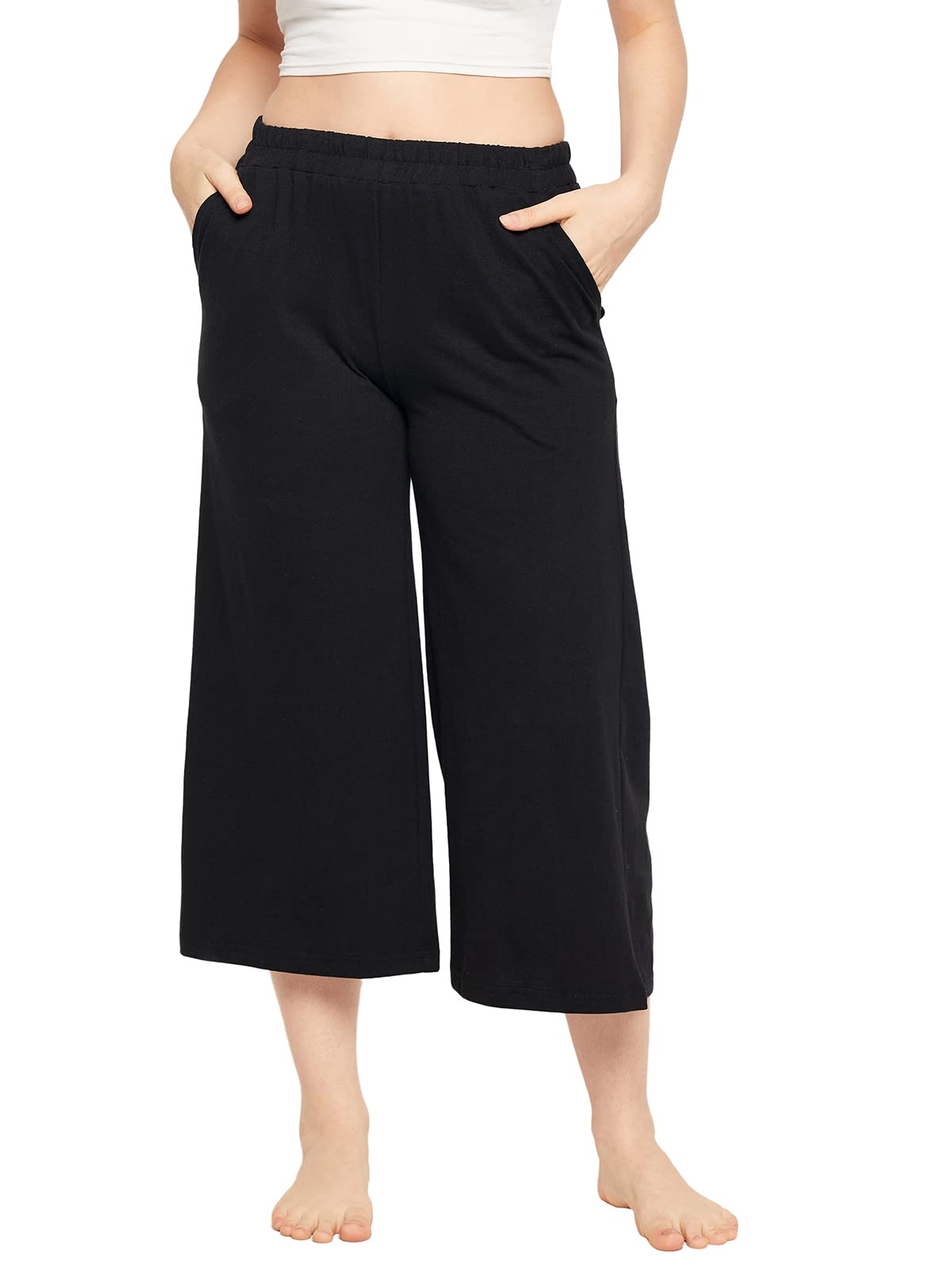 Clovia Women's Cotton Chic Basic Flared Capri with Pocket (LB0182P13_Black_L)