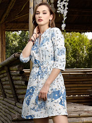 Sera Classics White Floral Print Mandarin Collar A-Line Mini Dress