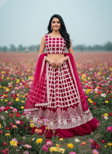 VARNI FABRICS Women's Pink Embroidered Lehenga Choli With Dupatta, Embroidery Pattern, Bridal Wear, Semi-Stitched