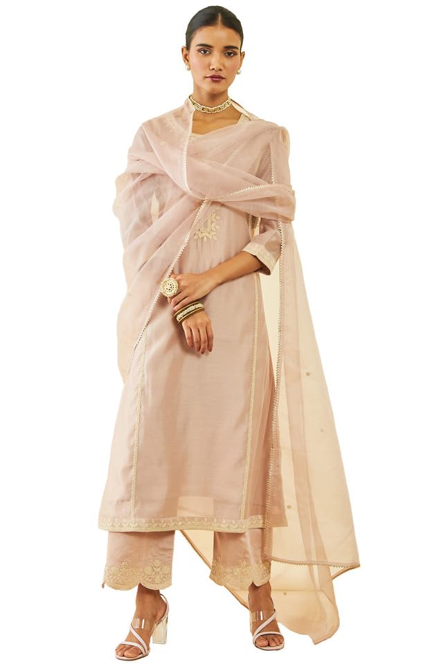 Soch Womens Onion Pink Chanderi Thread Embroidered A-Line Suit Set with Dupatta