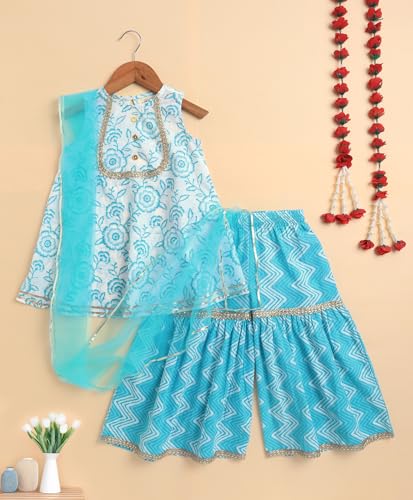 The Magic Wand Cambric Cotton All-over Printed Kurta Sharara Set with Dupatta for Kids Girls, Sleeveless Ethnic Traditional Stylish Kids Kurta for Festivals & Special Occasions, Blue, 9-10 Year