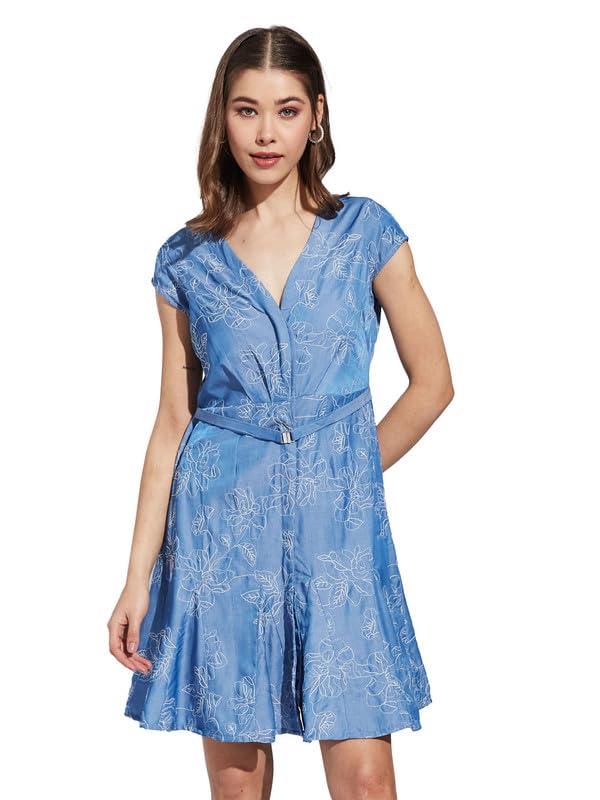 Latin Quarters Women Blue V-Neck Cap Sleeve Printed A-Line Dress