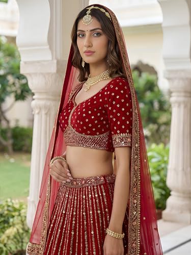 Zeel Clothing Women's Zari, Dori, and Resham With Sequins Embroidered Work Organza Lehenga Choli With Dupatta (5113-Maroon-Women-Lehenga-Choli-Latest; Free size)