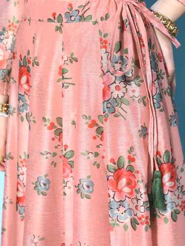 Peach Floral Wrap Crop Top With Anarkali Skirt