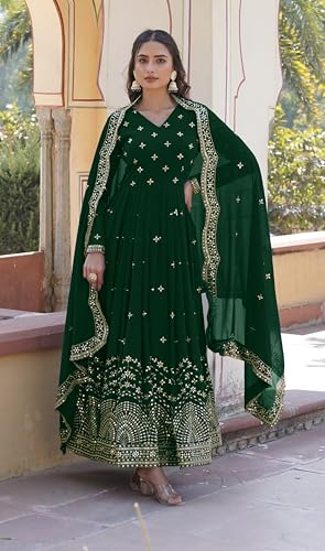 Fashion Basket Faux Georgette Sequins Anarkali Dress for Women (in, Alpha, XL, Regular, Green)