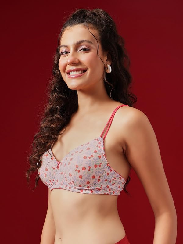Clovia Women's Printed Padded Non-Wired T-Shirt Bra with Adjustable Satin Dual Straps - Pink