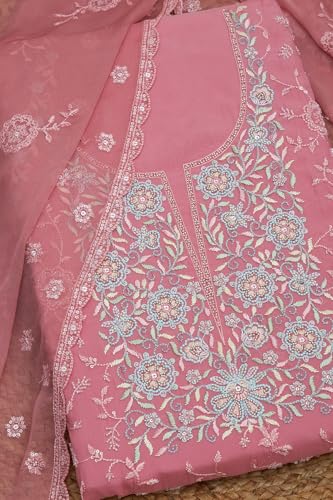 Soch Womens Peach Organza Floral Print Unstitch Dress Material With Cutdana