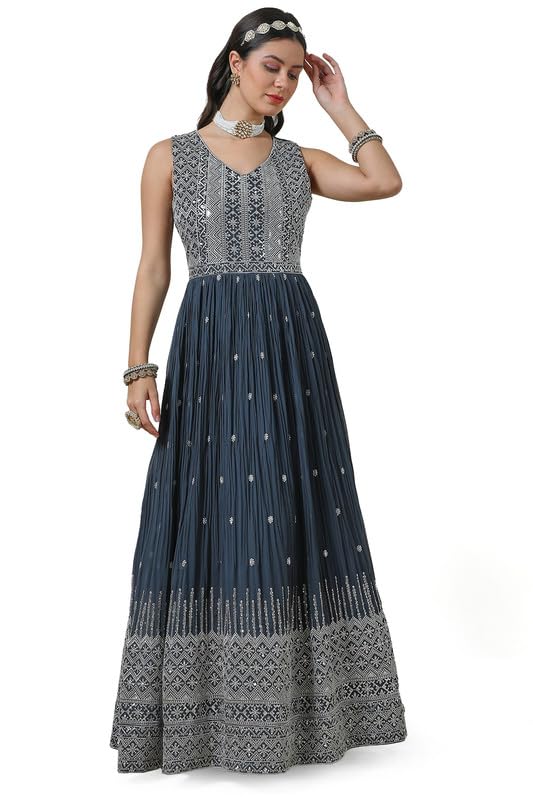 Soch Womens Grey Georgette V Neck Gown with Sequins