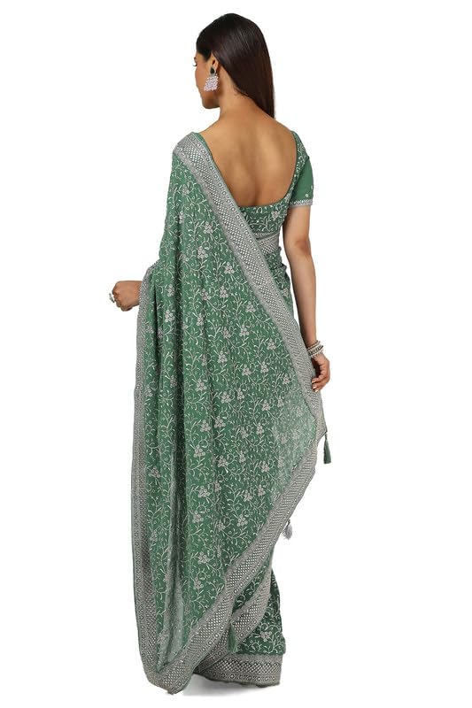 Soch Womens Light Green Georgette Embroidered Saree With Stone Work