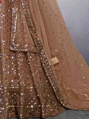 Zeel Clothing Women's Threads Sequins Embroidered Soft Net Lehenga Choli With Dupatta (5110-Brown-Wedding-Stylish-Lehenga-Choli-New; Free Size)