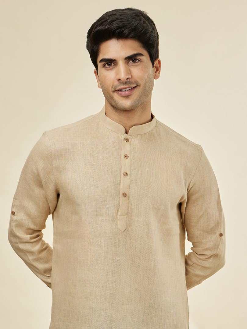 Manyavar Mens Fawn Linen Short Kurta