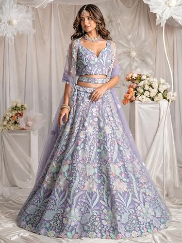 Zeel Clothing Women's Sequins Embroidered Work Soft Net Lehenga Choli With Dupatta (6020-Purple-Women-Lehenga-Choli-New; Free size)