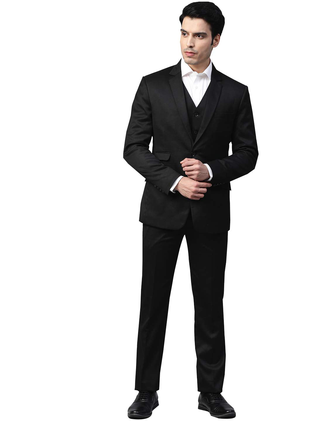 MANQ Men Black Solid Slim Fit Single-Breasted Three-Piece Formal Suit (Size: 38)