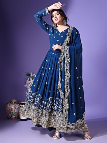 Fashion Basket Faux Georgette Sequins Anarkali Dress for Women (in, Alpha, M, Regular, Turquoise)