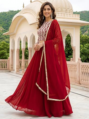 Zeel Clothing Women's Chikankari Sequins Embroidered Georgette Lehenga Choli with Dupatta (5050-Red-Women-New-Lehenga-Choli; Free Size)