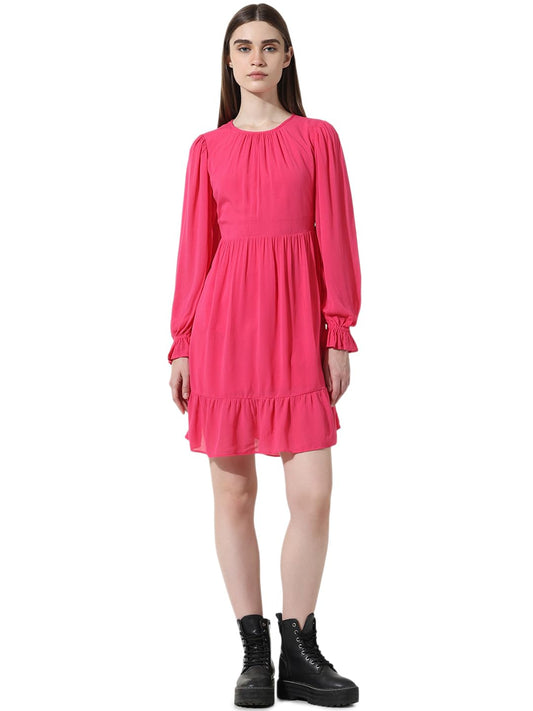 ONLY Women Solid Viscose Above Knee Pink Tiered Dress