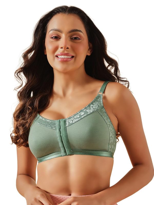 Clovia Women's Cotton Spacer Cup Non-Padded Non-Wire Full Figure Front Open Bra (BR2405P11_36D_Green)