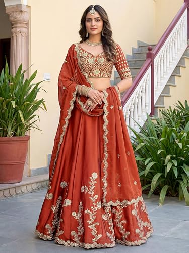 Zeel Clothing Women's Thread and Sequins Embroidered Work Silk Lehenga Choli With Dupatta (5135-Orange-Women-Lehenga-Choli-Latest; Free size) (Orange)
