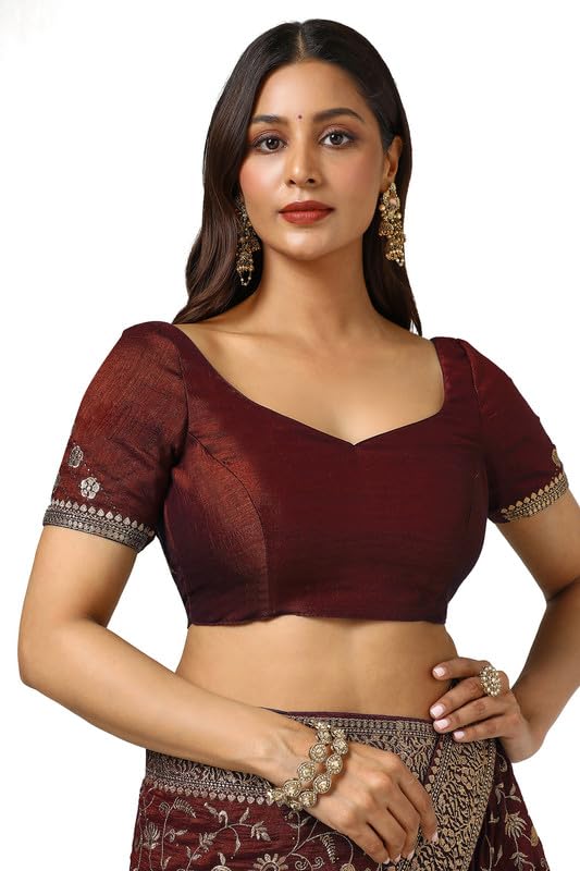 Soch Womens Maroon Tussar Embroidered Saree With Stone Work