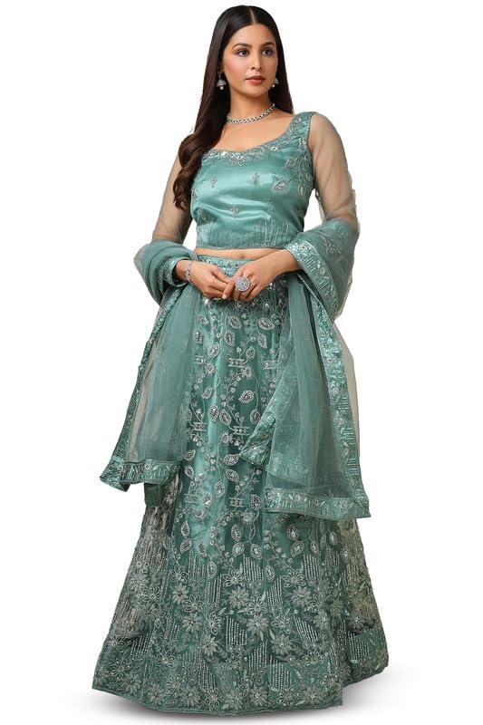 Soch Womens Sap Green Net Embellished Unstitch Ghagra Choli With Stones And Sequins