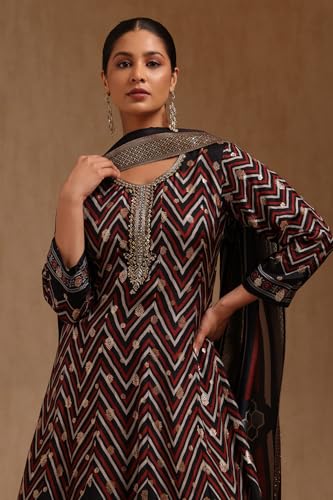 Soch Womens Black Russian Silk Chevron Gown with Mirror and Cutdana