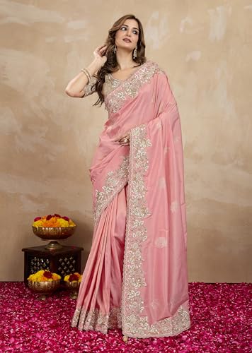 TRENDMALLS Women's Jacquard Silk Embroidery work Saree with Unstitched Blouse Piece (K1063-Peach)