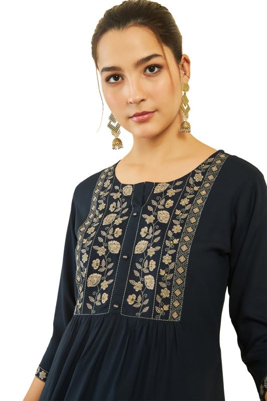 Soch Womens Navy Blue Rayon Floral Embroidered Round-Neck Tunic with Vented Hemline