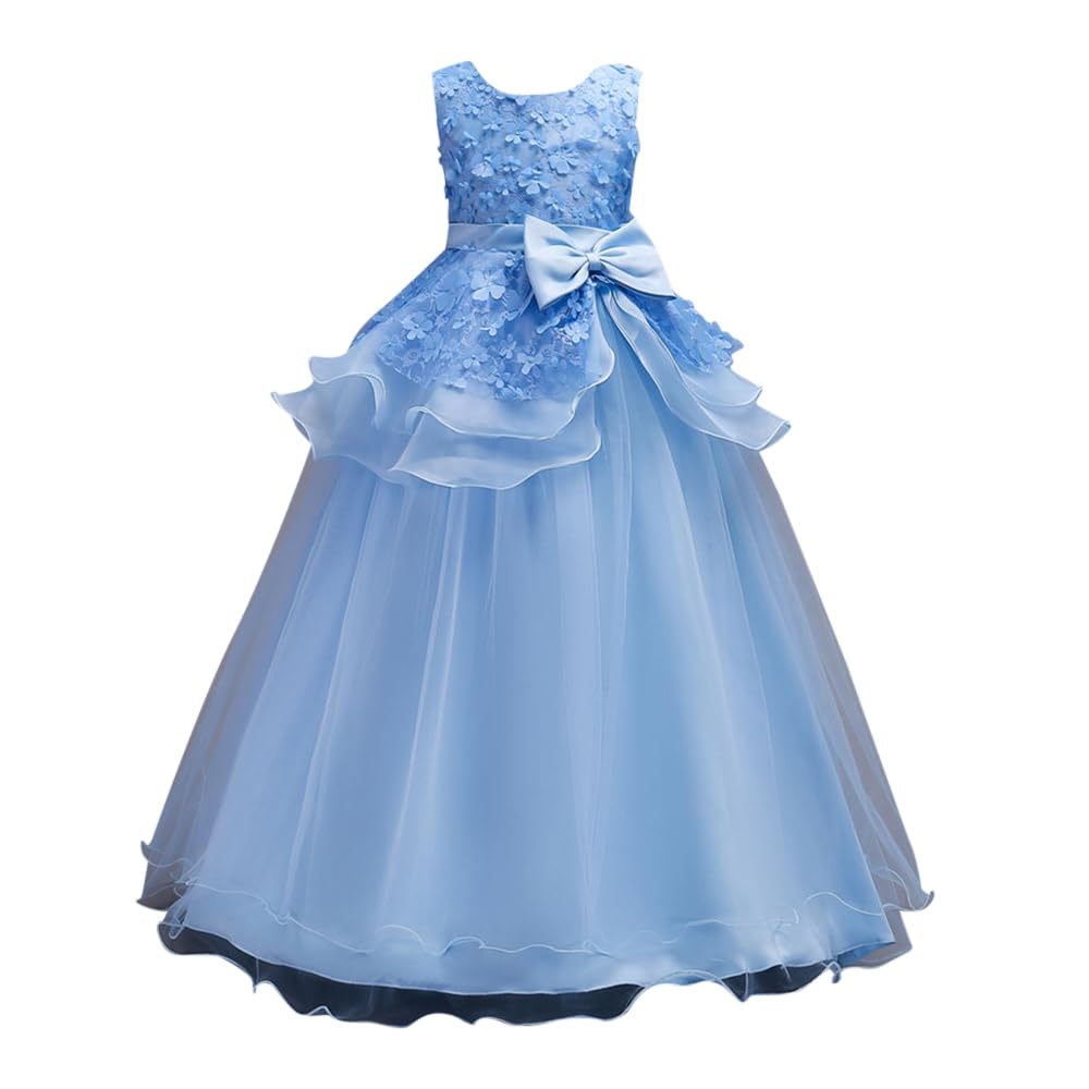 Hopscotch Girls Polyester and Viscose Sleeveless Floral Applique Slim Fit Gown in Blue Color For Ages 5-6 Years (XAC-4366199)