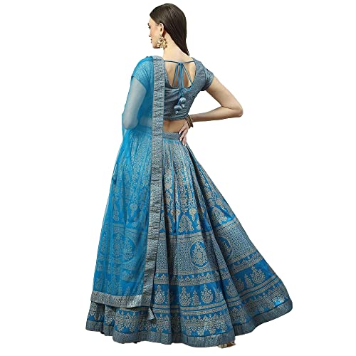 BIBA Women's Polyester Readymade Printed Flared Salwar Kurta Dupatta Lehenga Choli Set (Skdfestive 8367_Turquoise_42)