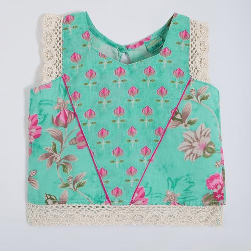 Hopscotch Girls Sleeveless Teal 2-Pc Floral Cotton Palazzo Set For Age (4-5 Years)