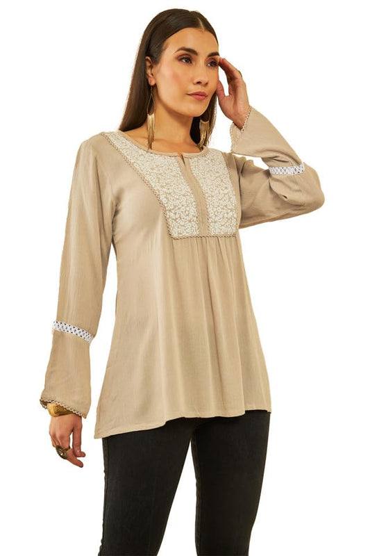 Soch Womens Beige Crepe Yoke Design Embroidery Tunic with Lace