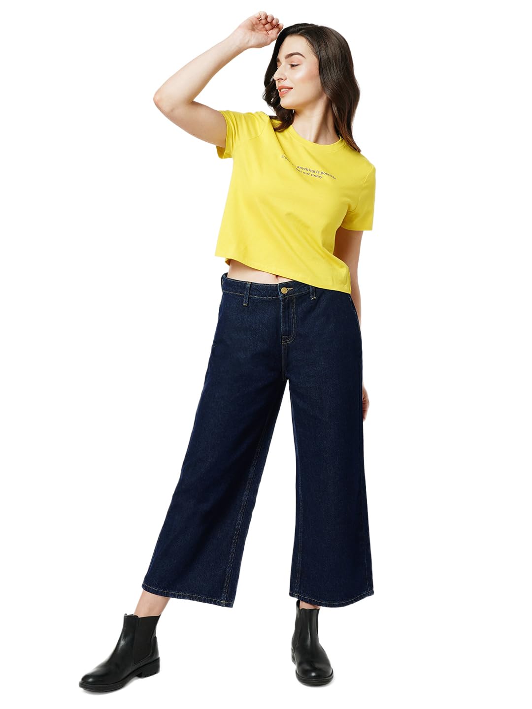 ONLY Women Solid Cotton Wide Leg High Rise Regular Length Blue Jeans