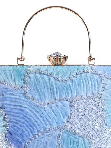 THE TAN CLAN Women's Blue Sequin Beaded Box Clutch Purse | Bridal Wedding Party Evening Handbag | Stylish Ethnic Crossbody Bag with Gold Chain Strap and Metal Handle for Women