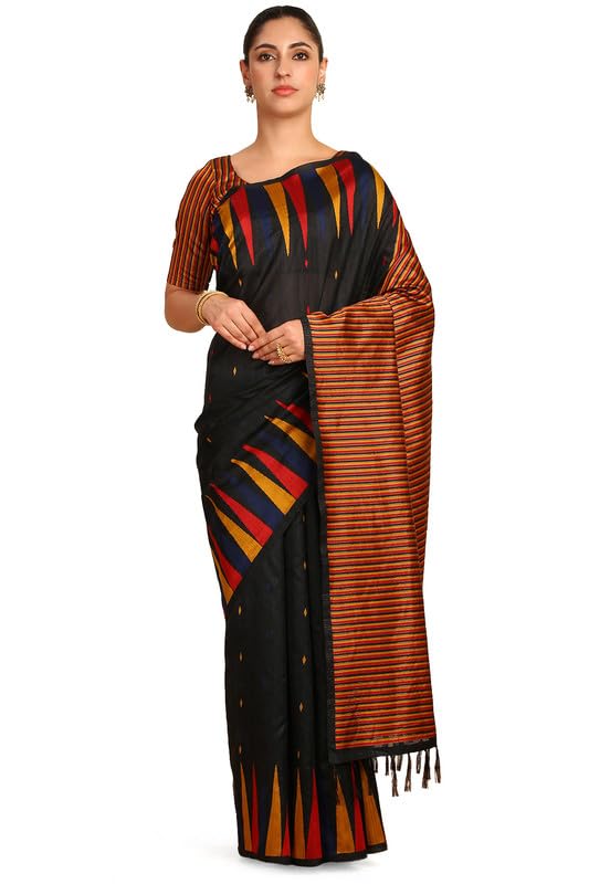 Soch Womens Black Tussar Geometric Print Saree With Tassels