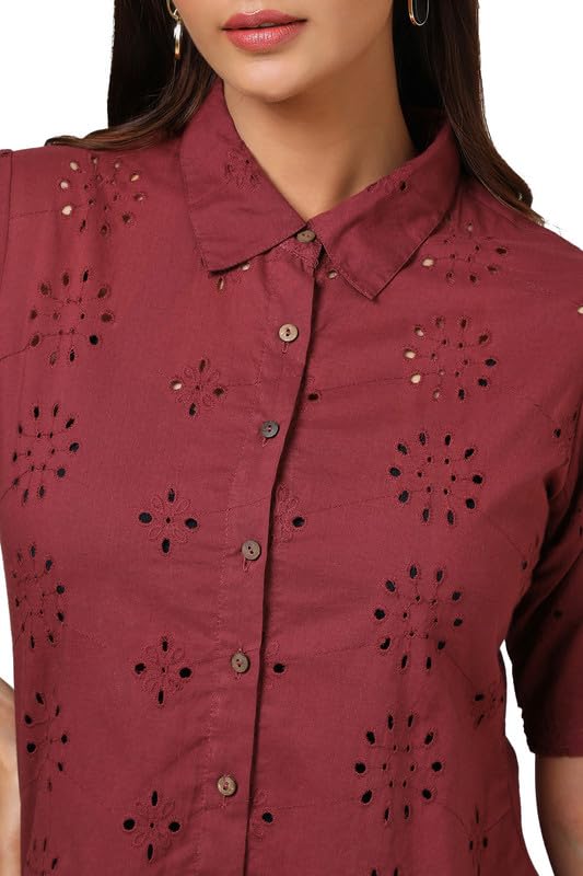 Soch Womens Maroon Cotton Blend Schiffli Tunic