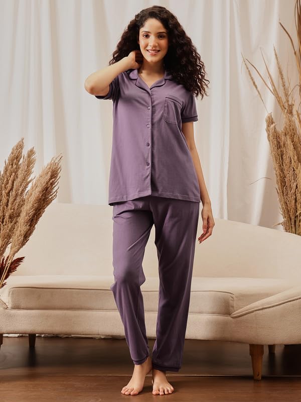 Clovia Women's Cotton Button-Down Shirt & Pyjama Set (LS0795P15_Purple_M)