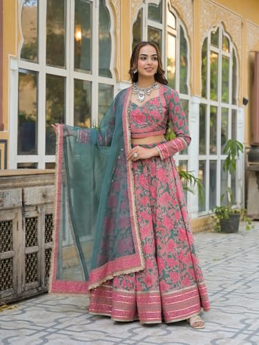 Divena Green Printed Cotton Lehenga with Choli and Dupatta