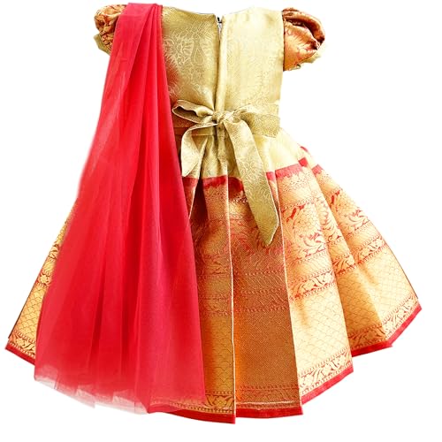Stanwells Kids Gold & Peach Banarasi Silk Saree Frock for Baby Girls – Ethnic Wear for Festivals, Weddings & Birthday Parties (1-2 Years)