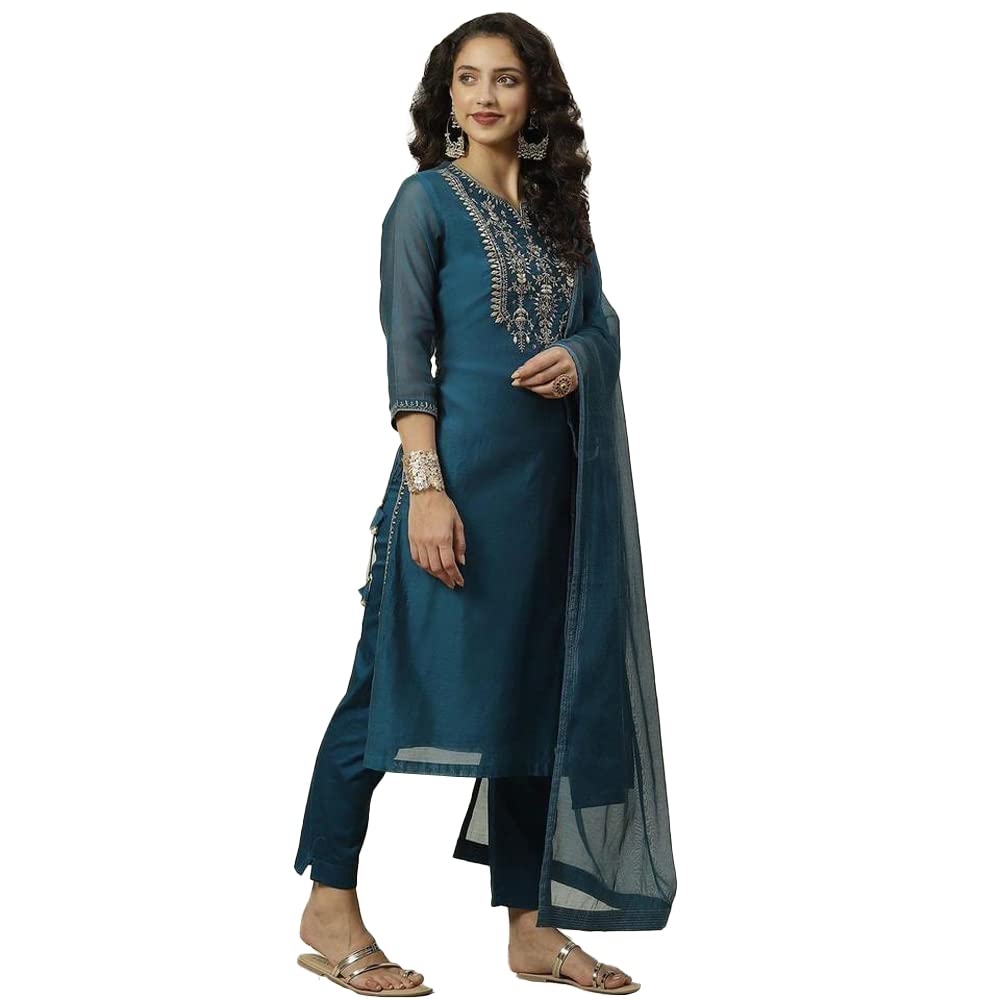 BIBA Polyester Women Solid; Embroidred Narrow Salwar Kurta Dupatta(Skdassorted7678_Blue_32)