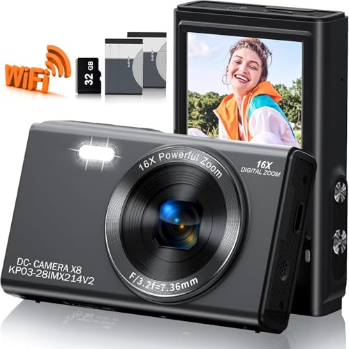 CAMKORY Digital Camera, FHD Kids Cameras for Photography, 4K 44MP Compact Point and Shoot Camera for Kids, Teens and Beginners with 32GB SD Card, 2 Rechargeable Batteries, Gray