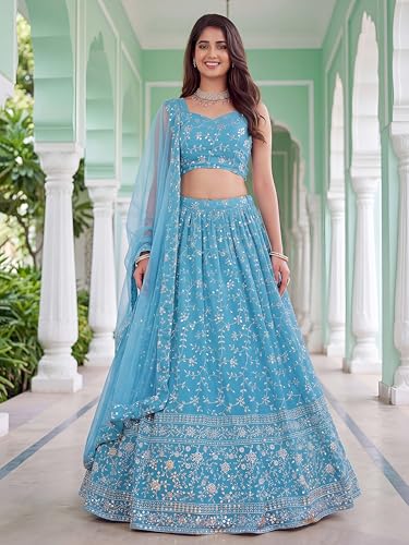Zeel Clothing Women's Zari and Sequins Embroidered Georgette Lehenga Choli With Dupatta (5058-SkyBlue-Women-Latest-Lehenga-Choli, Free size)