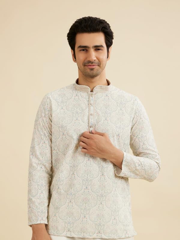Manyavar Men's Cotton Blend Paisley Embroidery Short Kurta (Pista Green,M)