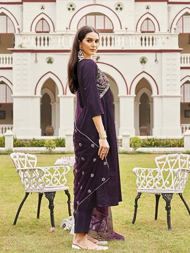 Womanista Women's Wine Cotton Blend Multi Flared Alia Cut Kurta with Pant and Dupatta (Kurtaset_1304_XXL)
