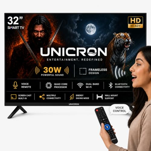 UNICRON 32 Inch Frameless Smart LED TV | Voice Control Android Smart TV | Bluetooth, WiFi, Screen Mirroring | HD Ready Display | HDMI, USB Connectivity | Smart Television for Home, Bedroom